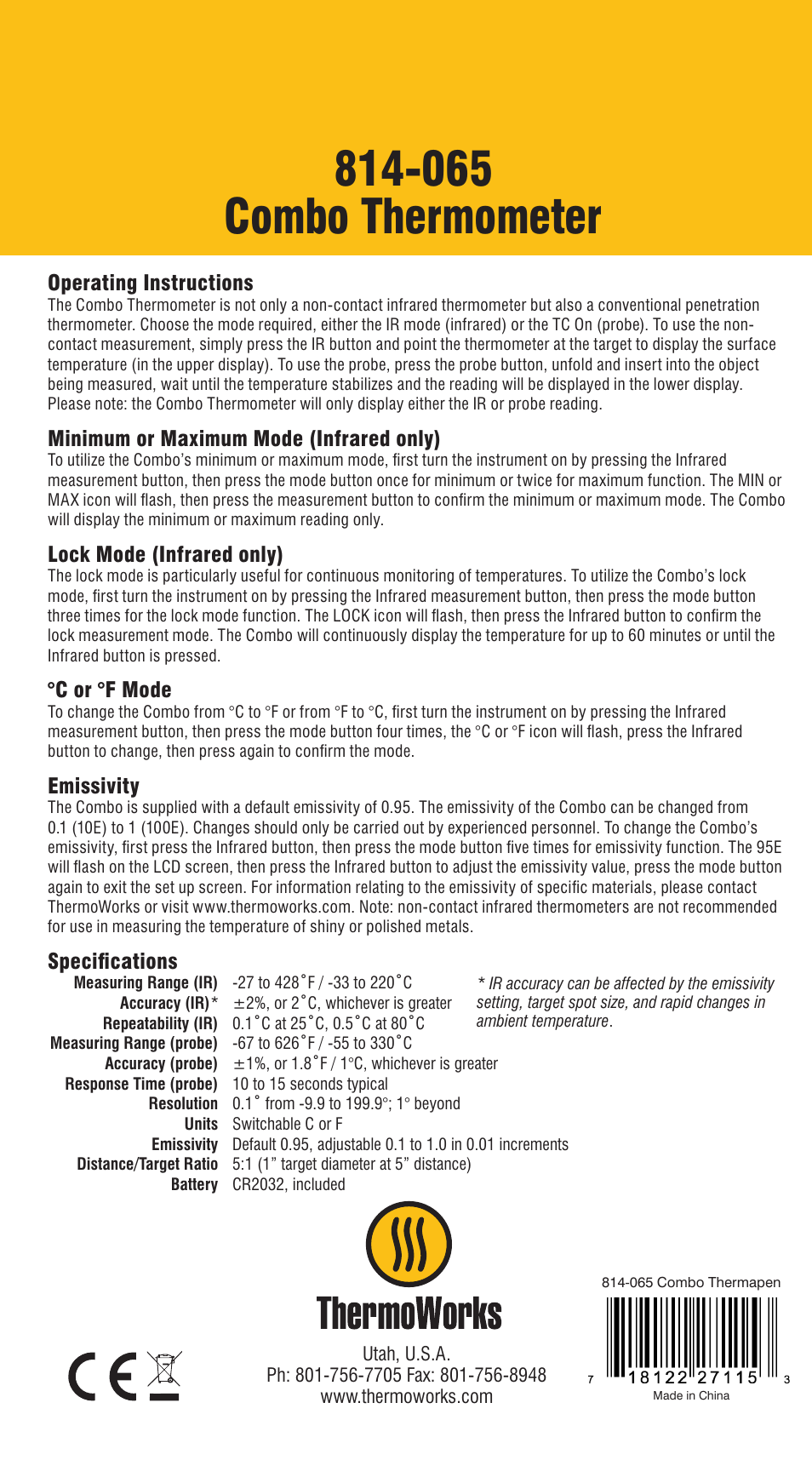 ThermoWorks 814-065 COMBO THERMOMETER INFRARED WITH FOLD OUT PROBE User Manual | 3 pages