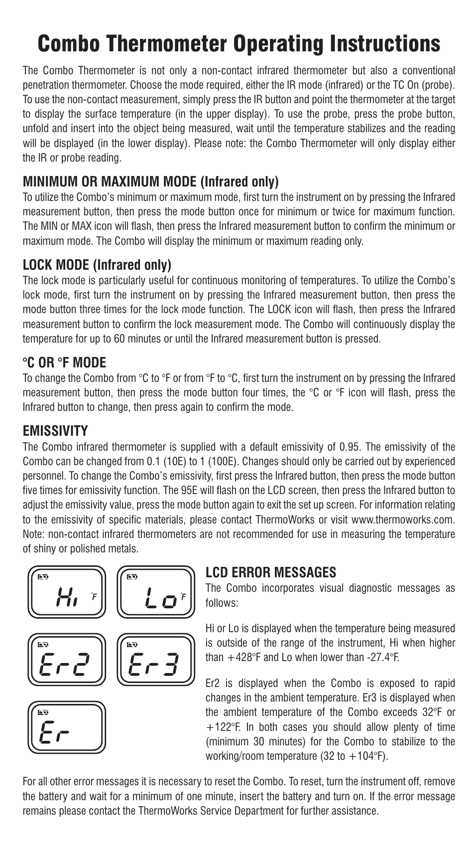 Combo thermometer operating instructions | ThermoWorks 814-065 COMBO THERMOMETER INFRARED WITH FOLD OUT PROBE User Manual | Page 2 / 3