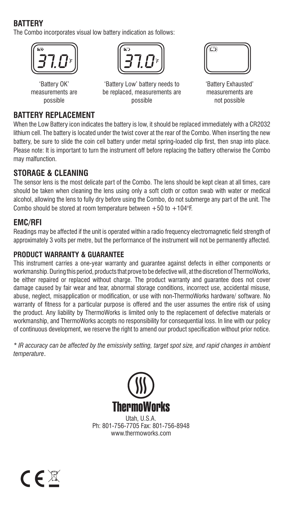 Battery, Battery replacement, Storage & cleaning | Emc/rfi | ThermoWorks 814-065 COMBO THERMOMETER INFRARED WITH FOLD OUT PROBE User Manual | Page 3 / 3