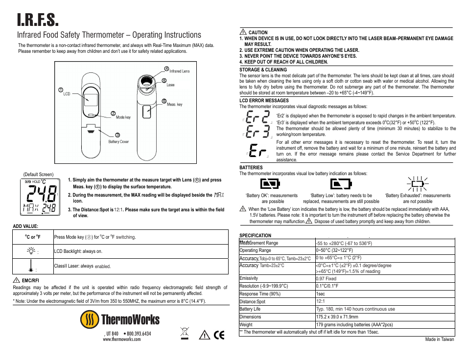 ThermoWorks IRFS INFRARED FOOD SAFETY THERMOMETER User Manual | 2 pages