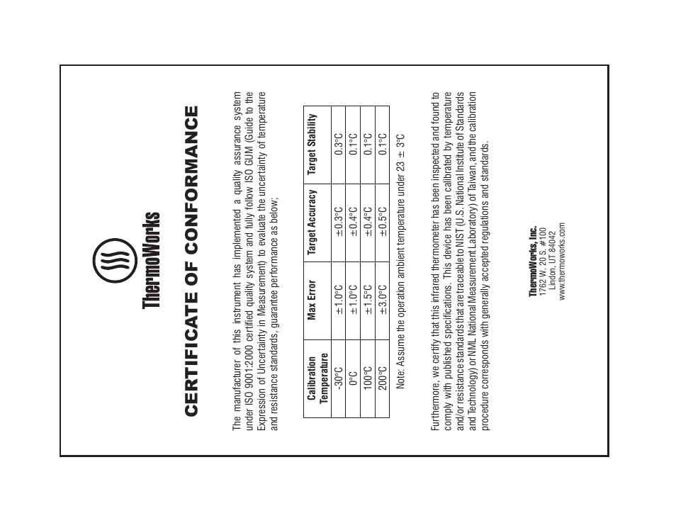 Cer tifica te of conformance | ThermoWorks IRFS INFRARED FOOD SAFETY THERMOMETER User Manual | Page 2 / 2