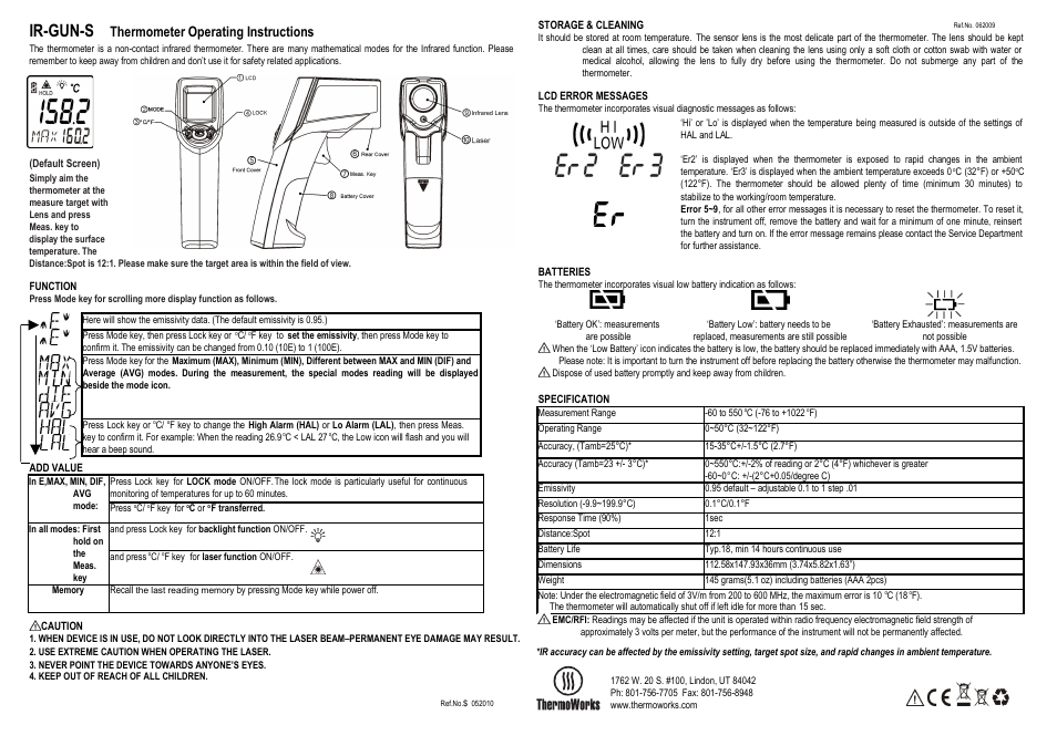 ThermoWorks IR-GUN-S INDUSTRIAL INFRARED THERMOMETER User Manual | 2 pages