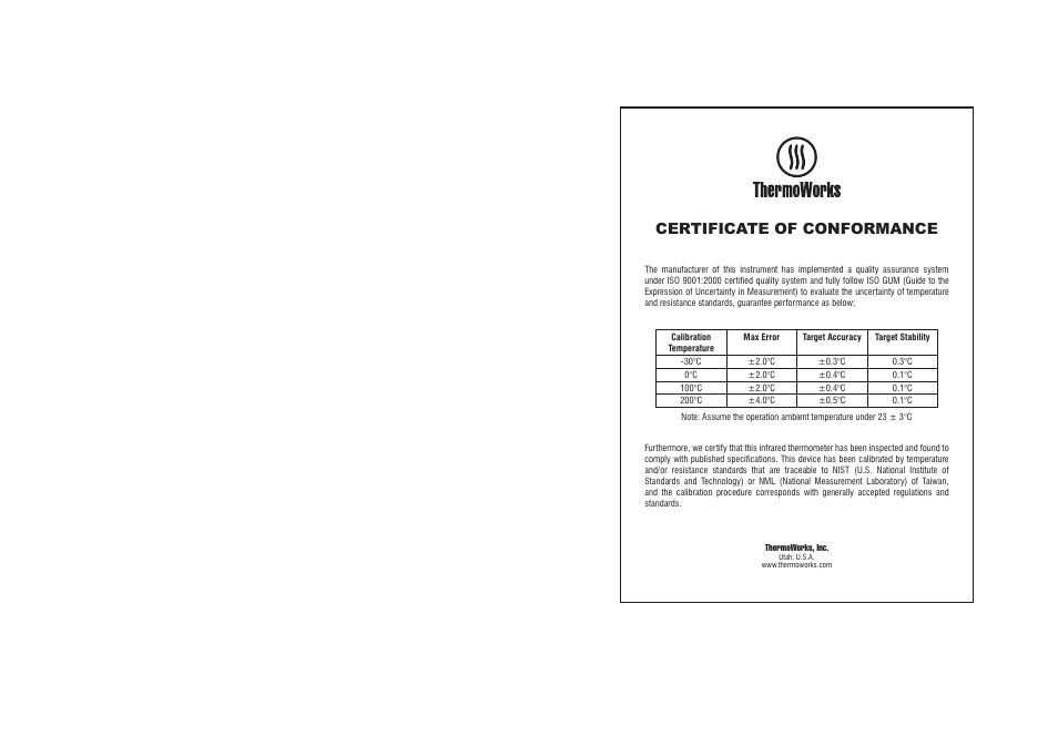 Certificate of conformance | ThermoWorks IR-GUN-S INDUSTRIAL INFRARED THERMOMETER User Manual | Page 2 / 2