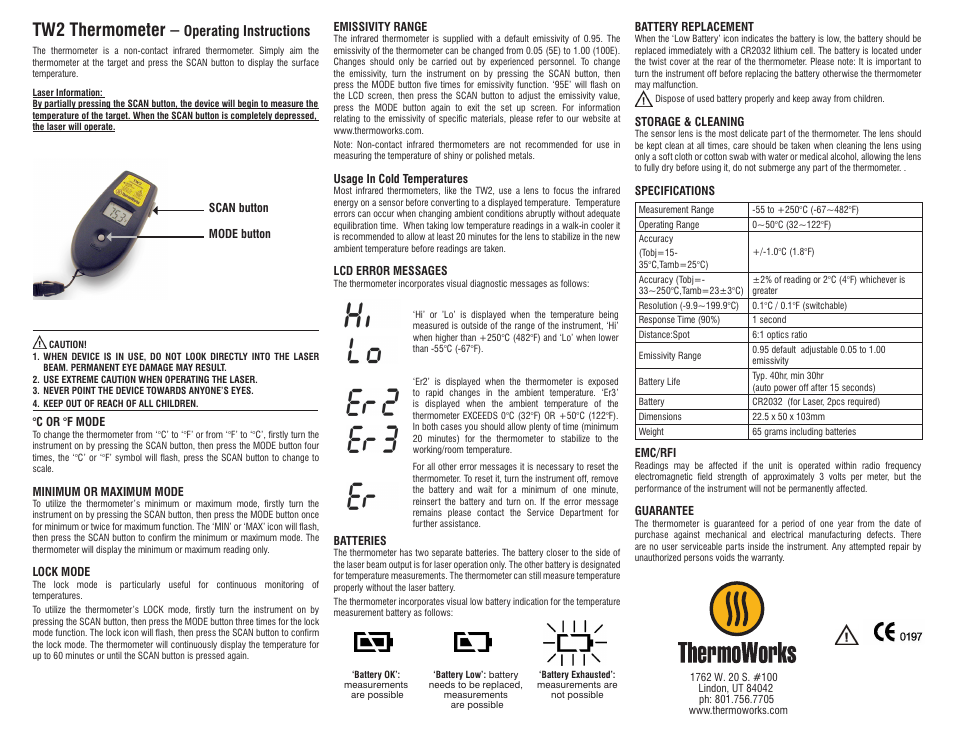 ThermoWorks TW2 POCKET INFRARED THERMOMETER User Manual | 1 page