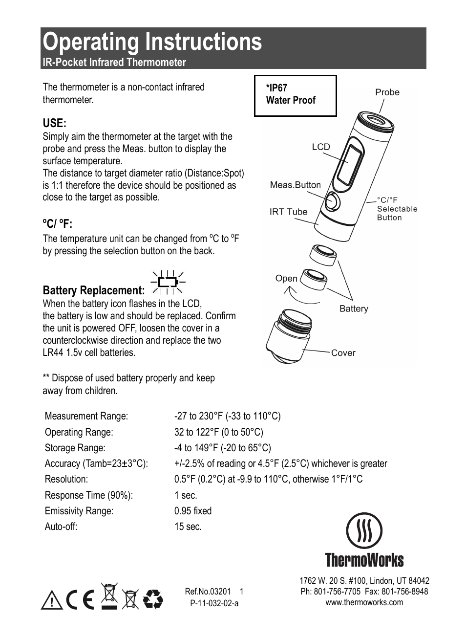 ThermoWorks IR-POCKET POCKET INFRARED THERMOMETER User Manual | 1 page