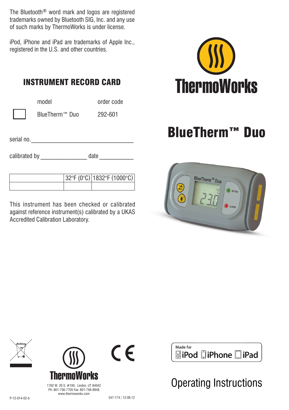 ThermoWorks 292-601 BLUETHERM DUO WITH BLUETHERM PRO FOR iOS Operating Instructions User Manual | 2 pages