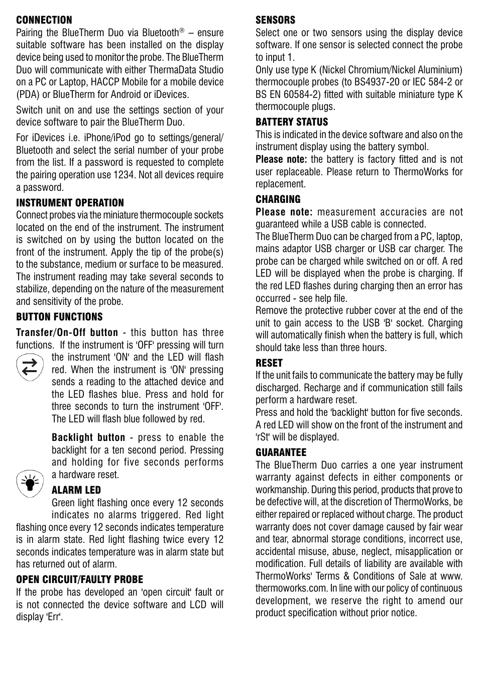 ThermoWorks 292-601 BLUETHERM DUO WITH BLUETHERM PRO FOR iOS Operating Instructions User Manual | Page 2 / 2