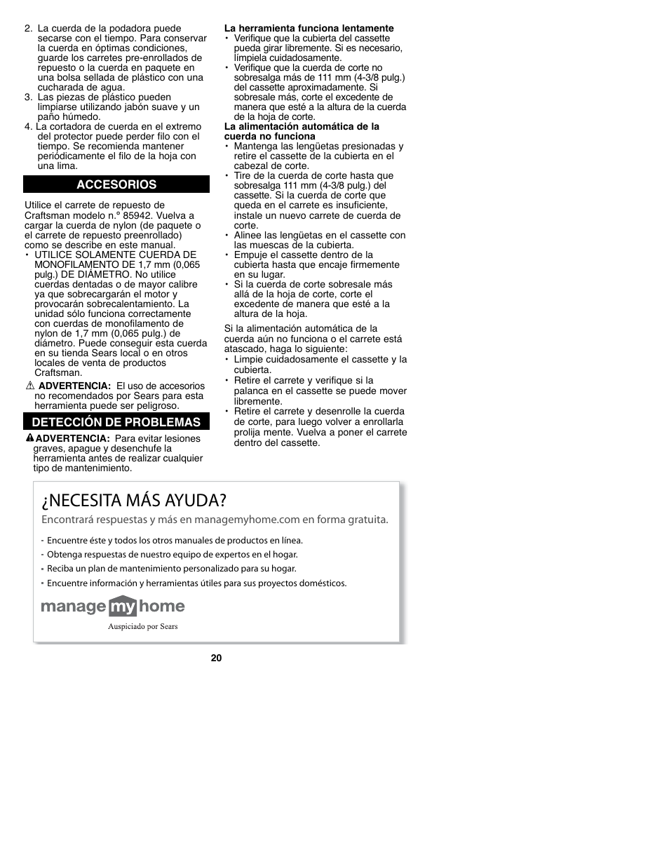 Necesita más ayuda | Craftsman C935.51850 User Manual | Page 20 / 32