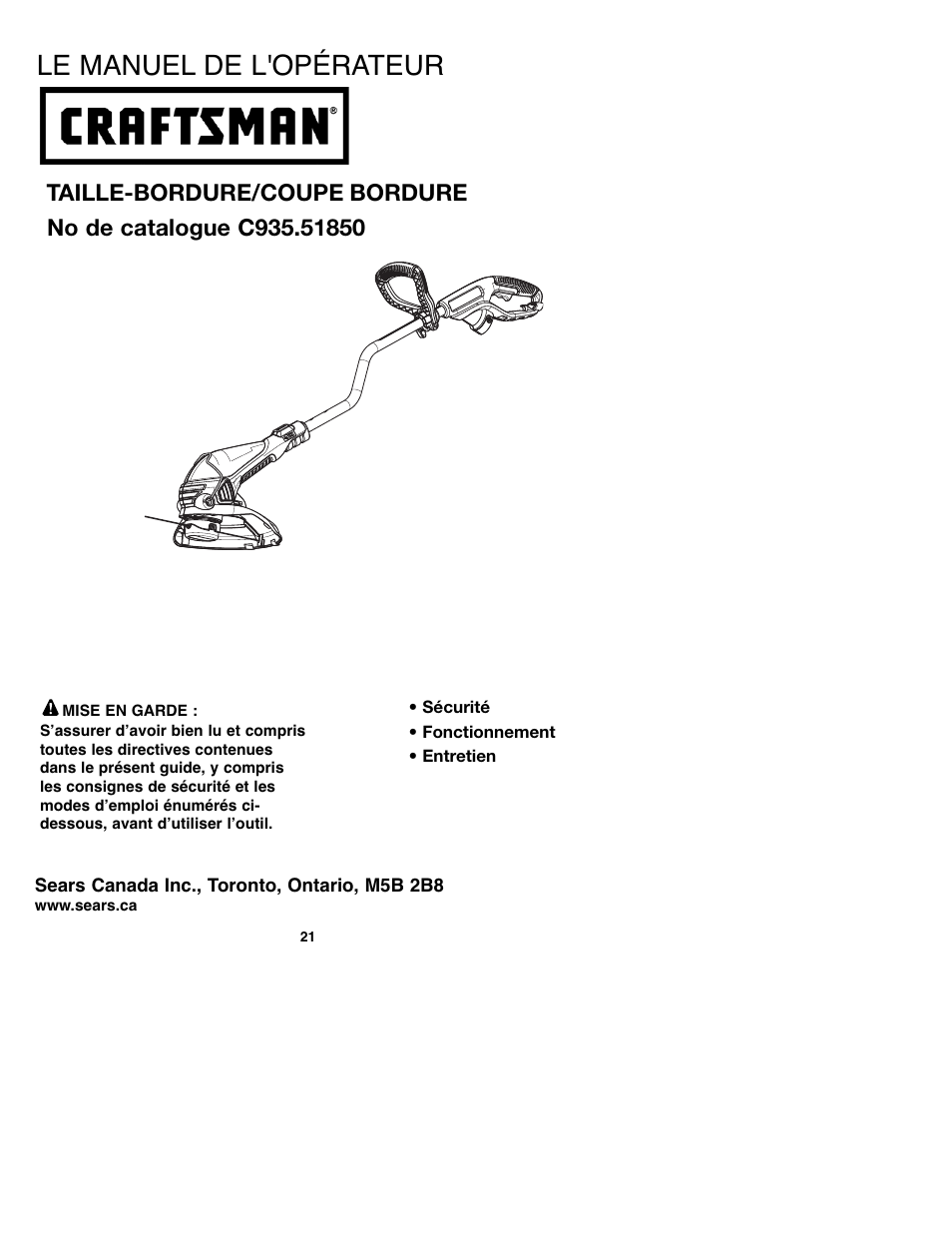 Le manuel de l'opérateur, Taille-bordure/coupe bordure | Craftsman C935.51850 User Manual | Page 21 / 32