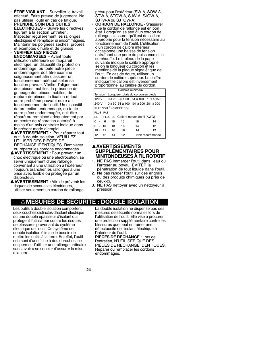 Mesures de sécurité : double isolation | Craftsman C935.51850 User Manual | Page 24 / 32