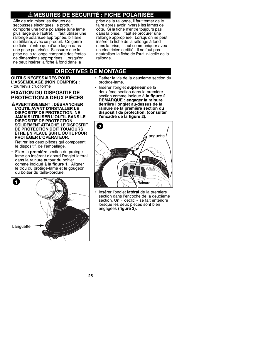 Directives de montage, Mesures de sécurité : fiche polarisée | Craftsman C935.51850 User Manual | Page 25 / 32