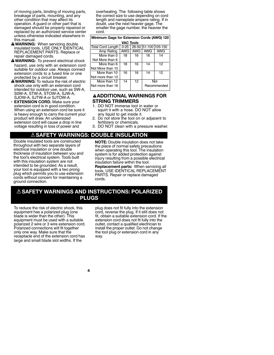 Safety warnings: double insulation, Safety warnings and instructions: polarized plugs, Additional warnings for string trimmers | Craftsman C935.51850 User Manual | Page 4 / 32