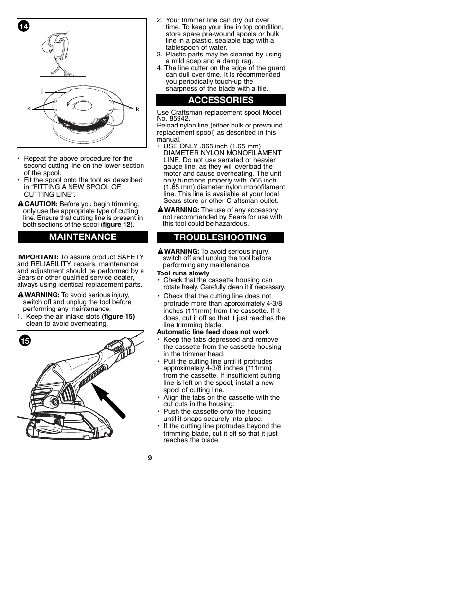 Maintenance accessories troubleshooting | Craftsman C935.51850 User Manual | Page 9 / 32