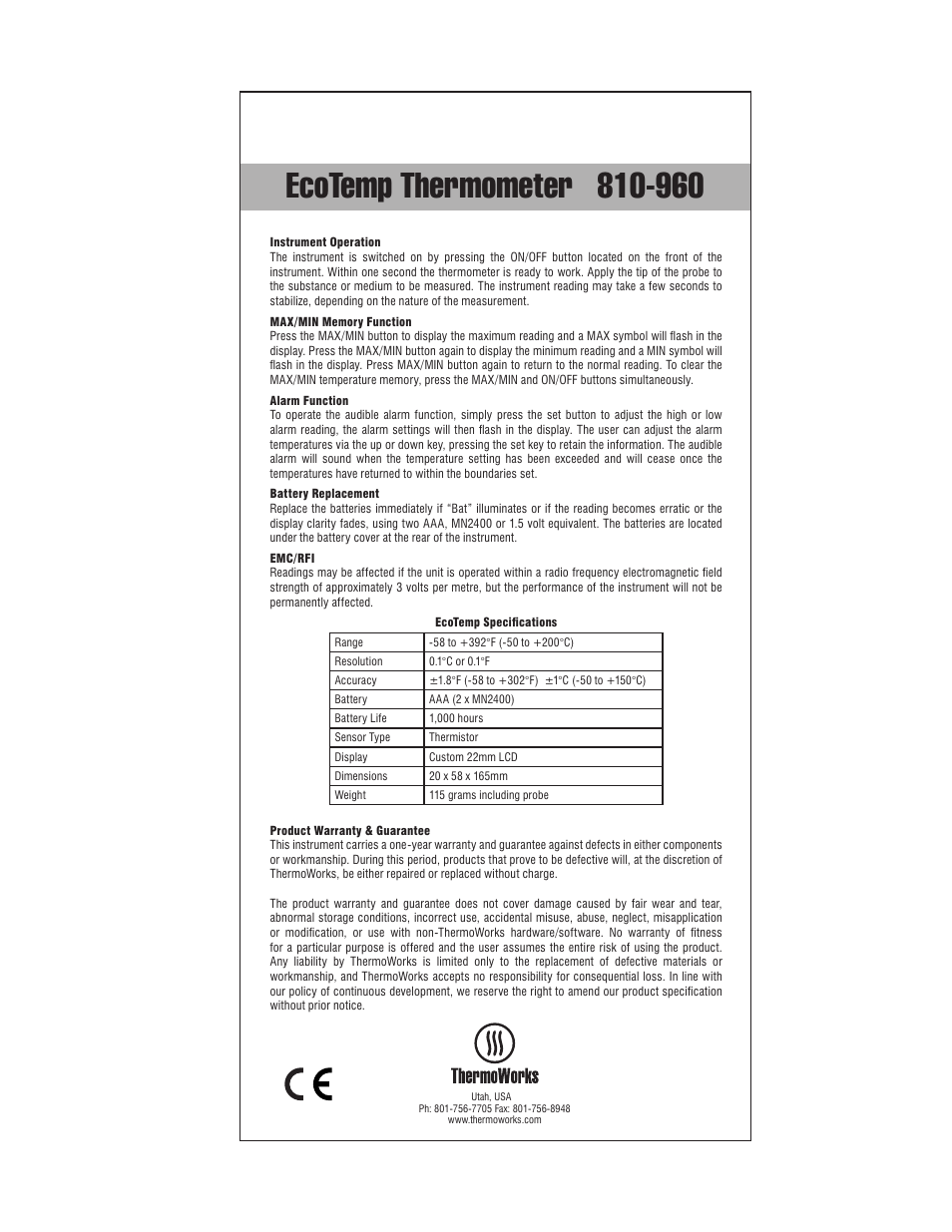 ThermoWorks 810-960 ECOTEMP ALARM THERMOMETER User Manual | 1 page