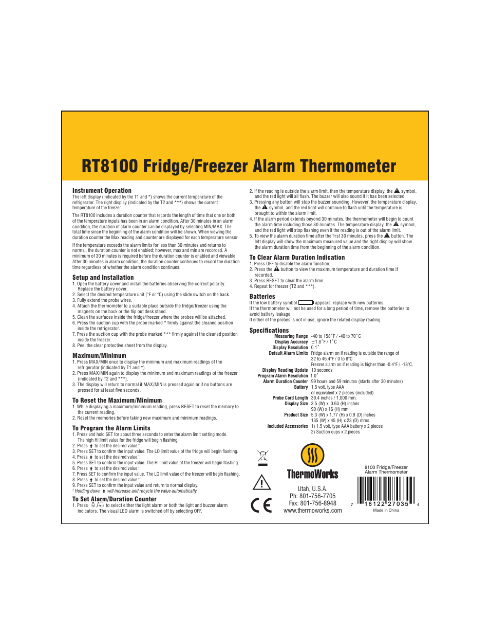 ThermoWorks RT8100 FRIDGE/FREEZER ALARM THERMOMETER User Manual | 1 page