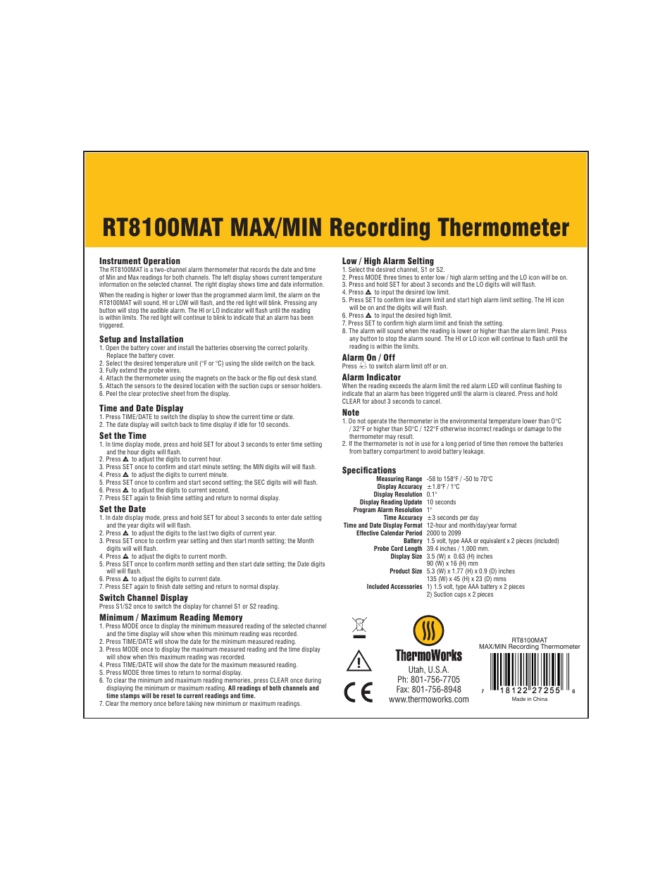 ThermoWorks RT8100MAT MIN/MAX RECORDING THERMOMETER WITH ALARMS User Manual | 1 page