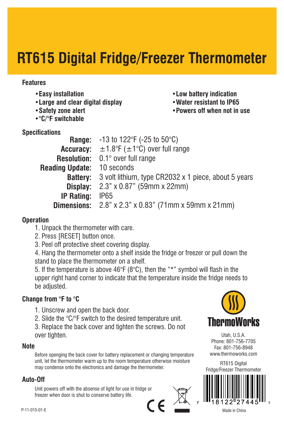 ThermoWorks RT615 DIGITAL FRIDGE/FREEZER THERMOMETER User Manual | 1 page