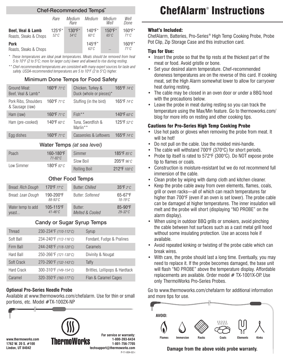 ThermoWorks TX-1100-XX CHEFALARM Operating Instructions User Manual | 2 pages