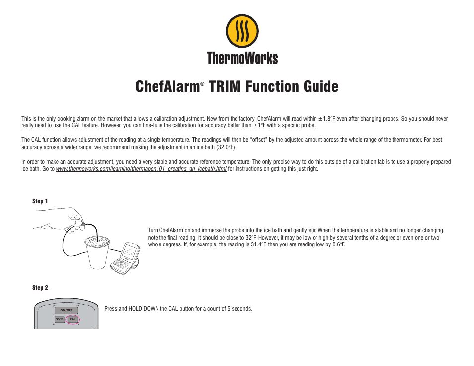 ThermoWorks TX-1100-XX CHEFALARM Calibration Instructions User Manual | 2 pages
