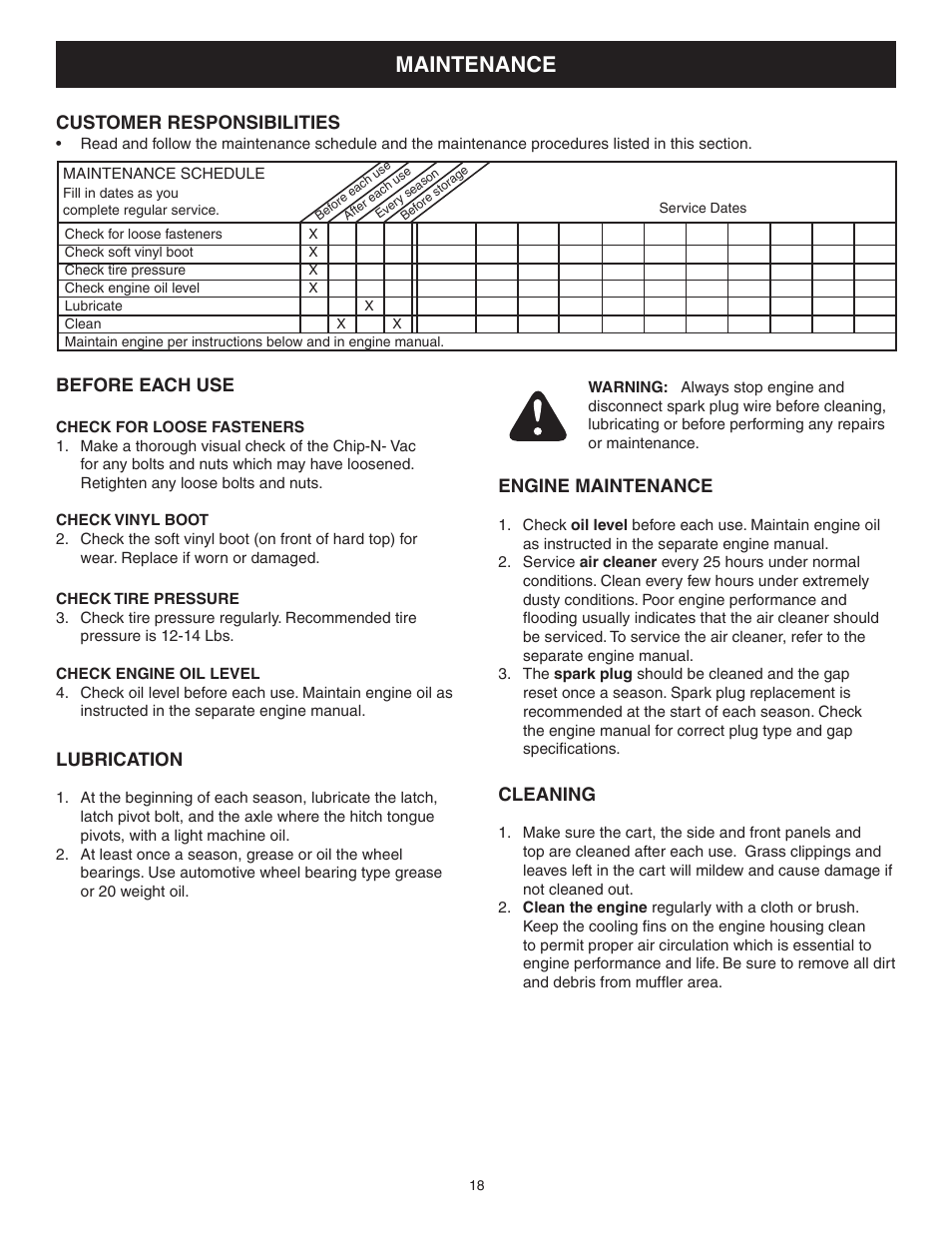 Maintenance | Craftsman CHIP-N-VAC 486.24517 User Manual | Page 18 / 28