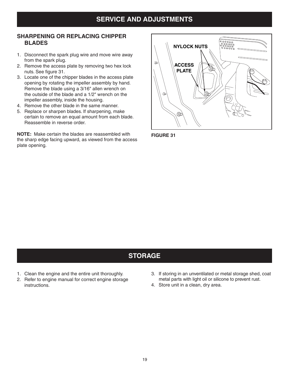 Storage, Service and adjustments | Craftsman CHIP-N-VAC 486.24517 User Manual | Page 19 / 28