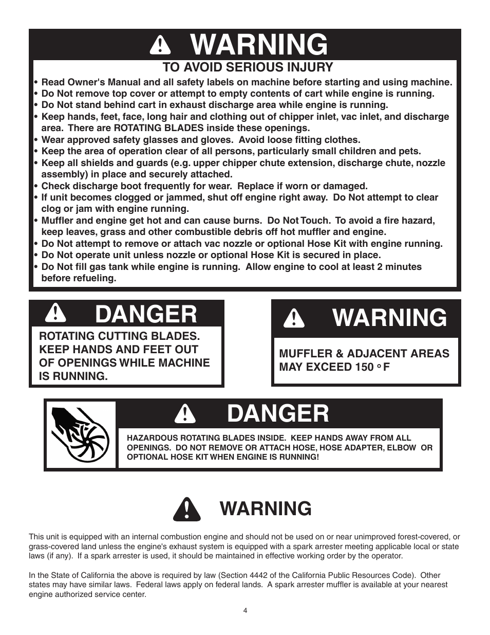 Warning, Danger | Craftsman CHIP-N-VAC 486.24517 User Manual | Page 4 / 28