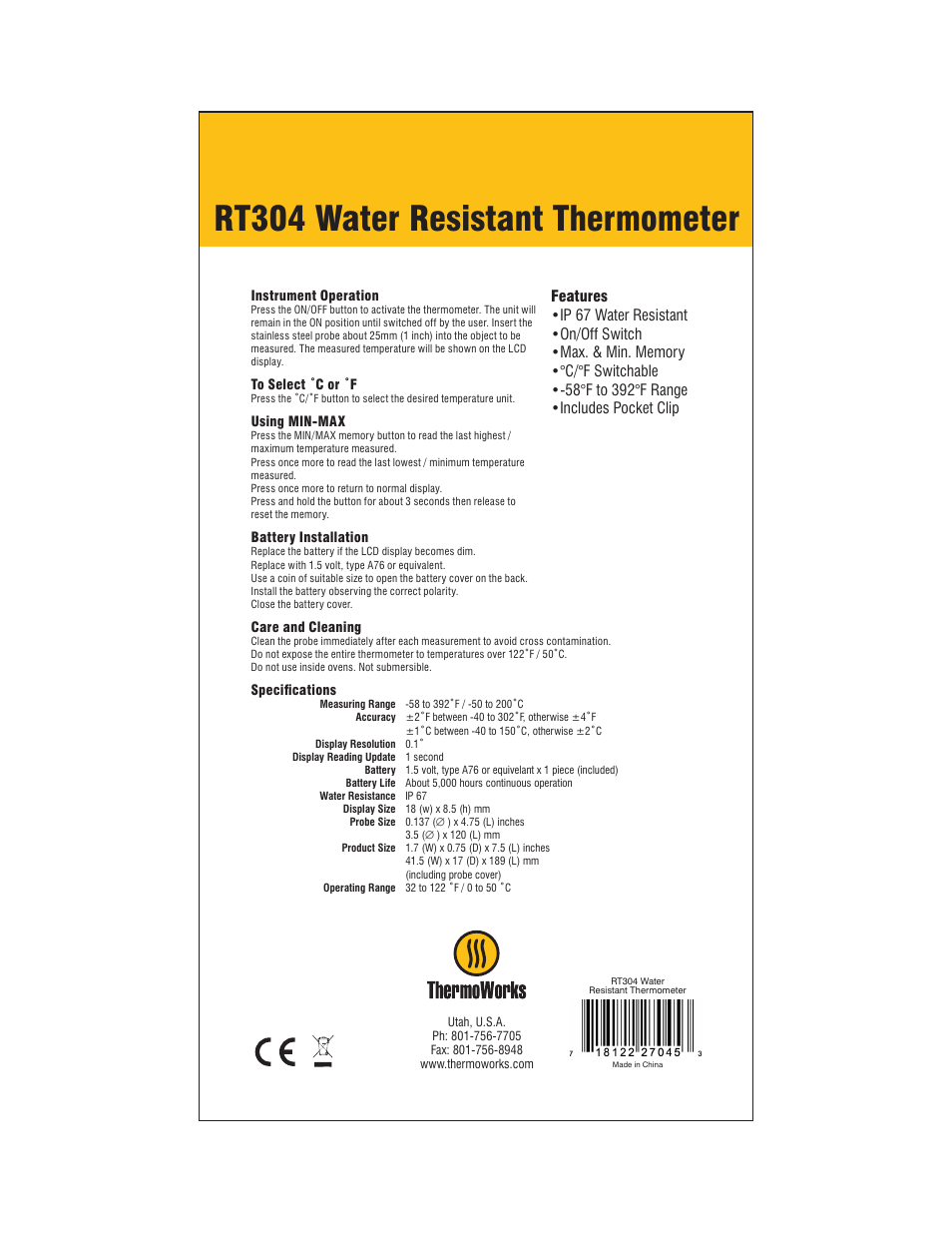 ThermoWorks RT304 WATER RESISTANT THERMOMETER User Manual | 1 page