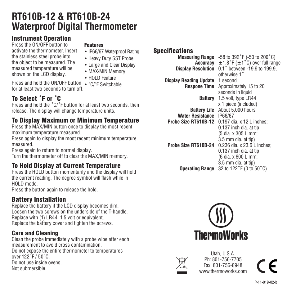 ThermoWorks RT610B-24 LONG-STEM DIGITAL THERMOMETERS User Manual | 1 page