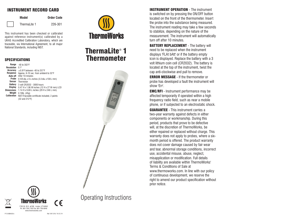 ThermoWorks 226-301 THERMALITE 1 CERTIFIED DIGITAL THERMOMETER User Manual | 2 pages