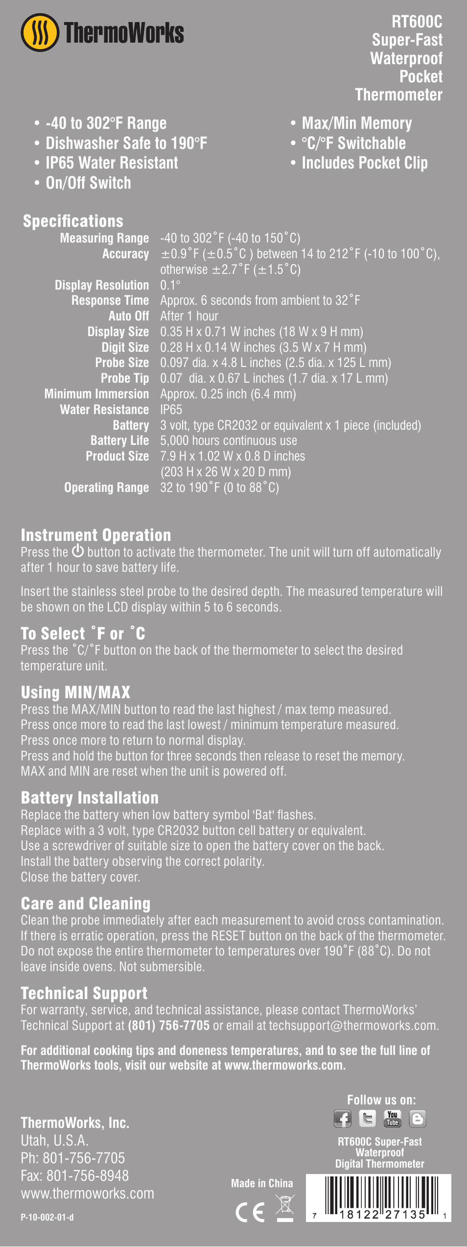 ThermoWorks RT600C SUPER-FAST POCKET THERMOMETER User Manual | 1 page