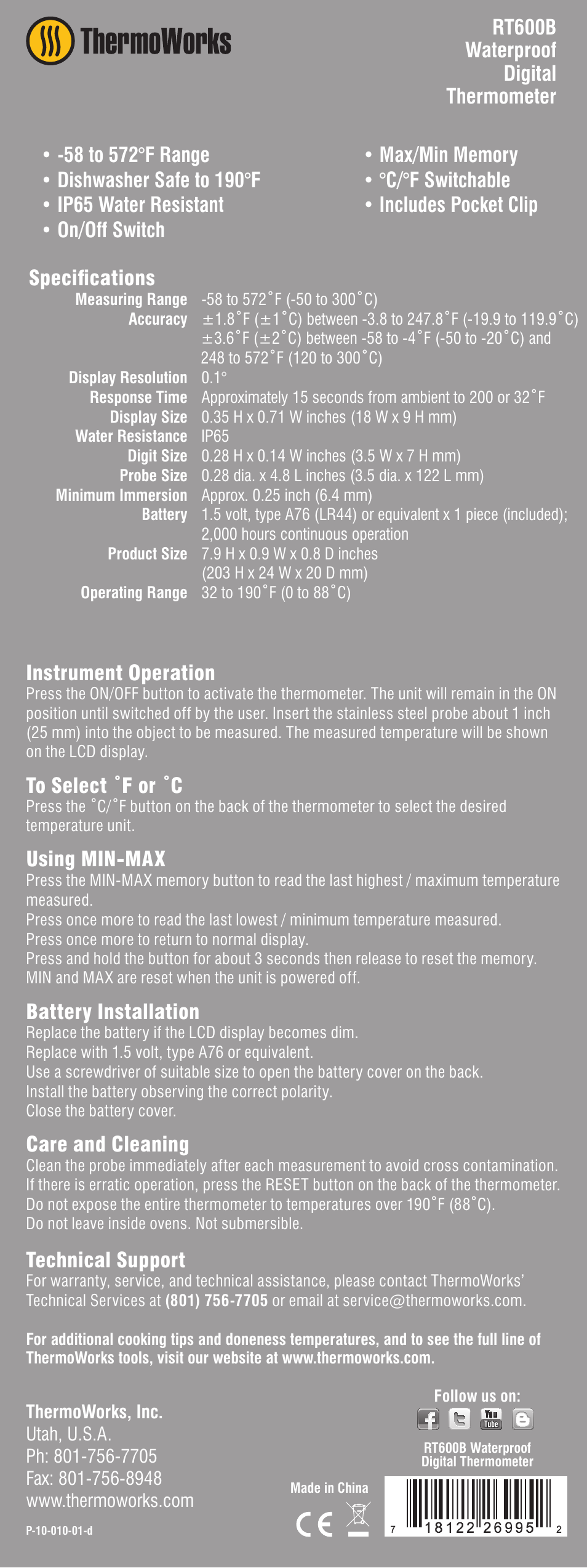 ThermoWorks RT600B WATERPROOF DIGITAL THERMOMETER User Manual | 1 page