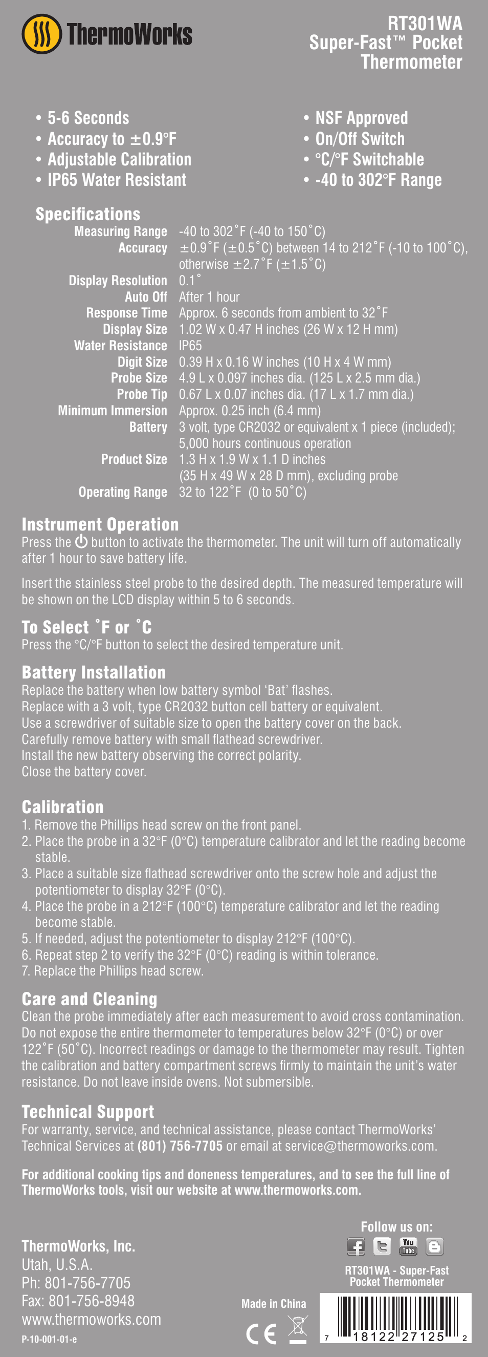 ThermoWorks RT301WA SUPER-FAST  POCKET THERMOMETER User Manual | 1 page