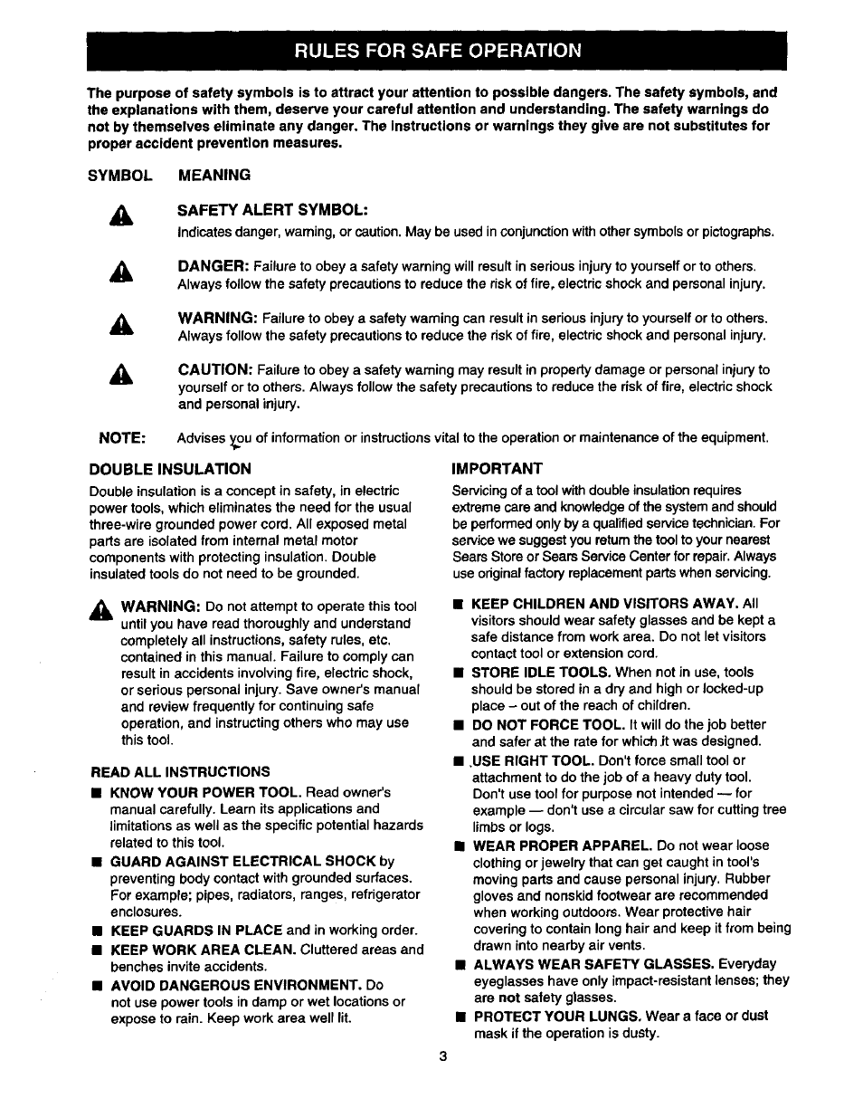 Rules for safe operation | Craftsman 315.175130 User Manual | Page 3 / 18