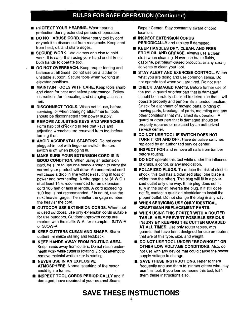 Save these instructions, Rules for safe operation (continued) | Craftsman 315.175130 User Manual | Page 4 / 18