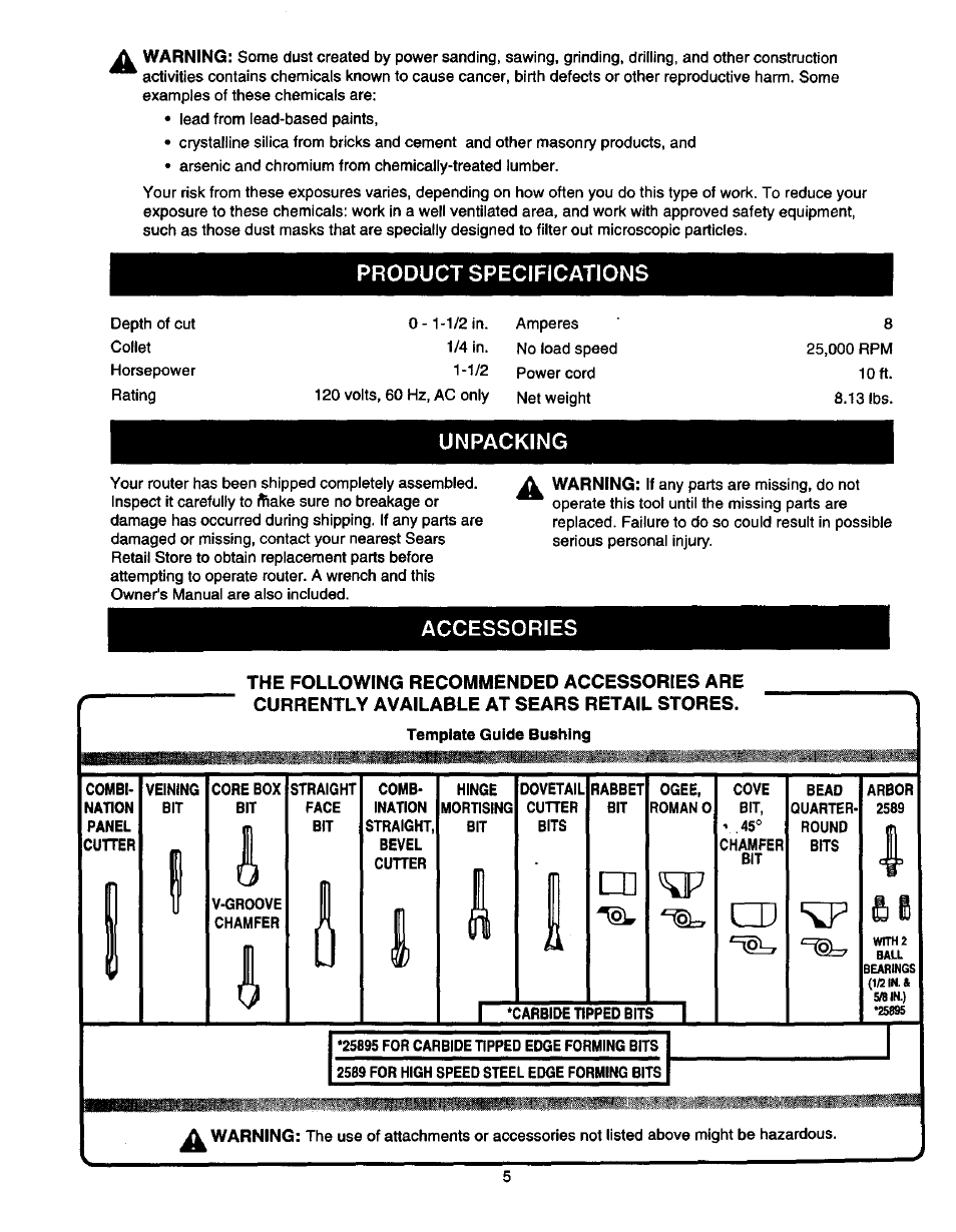 Product specifications, Unpacking, Accessories | Craftsman 315.175130 User Manual | Page 5 / 18