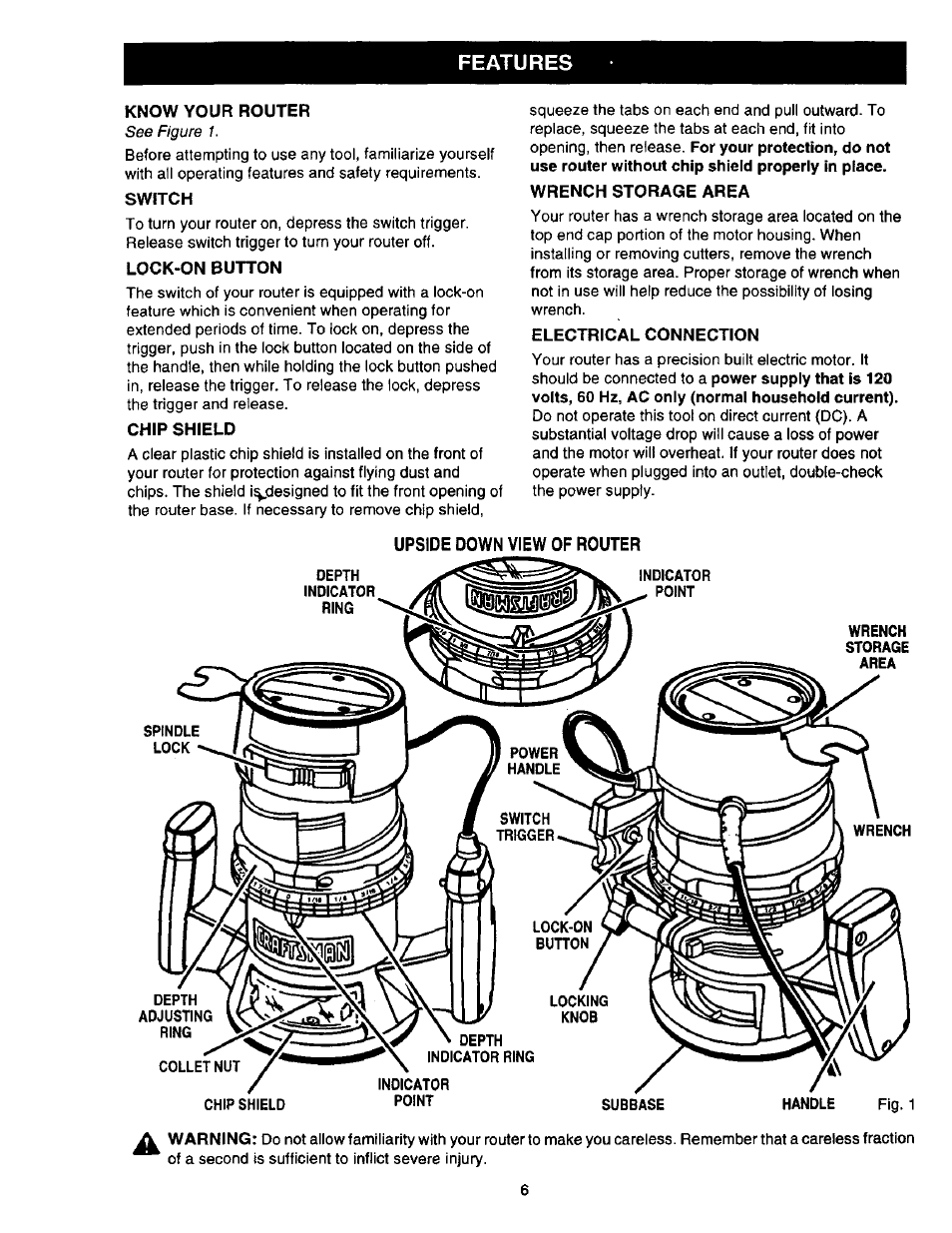 Features, Upside down view of router | Craftsman 315.175130 User Manual | Page 6 / 18