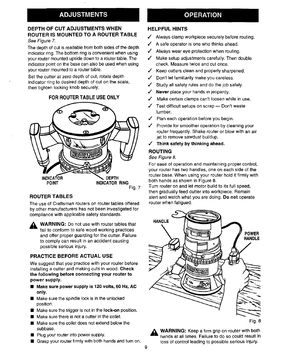 For router table use only, Adjustments operation | Craftsman 315.175130 User Manual | Page 9 / 18