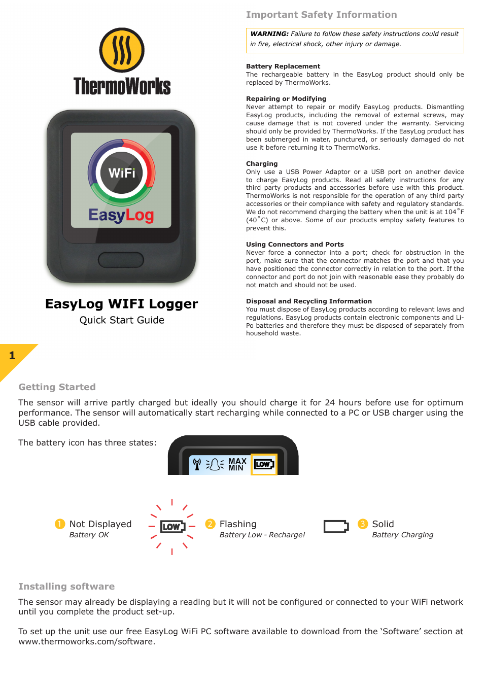 ThermoWorks TW-WIFI-TC EASYLOG WIFI TEMPERATURE & HUMIDITY DATA LOGGERS WITH CLOUD STORAGE User Manual | 2 pages