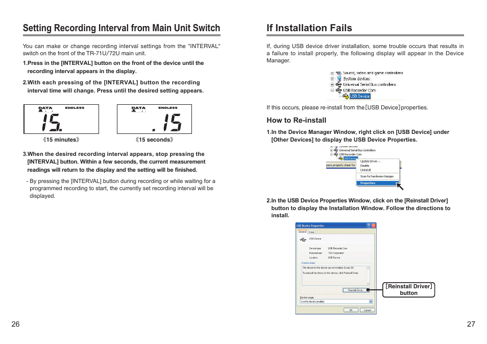 Setting recording interval from main unit switch, If installation fails | ThermoWorks TR-72-UI 2 CHANNEL LOGGERS WITH USB User Manual | Page 19 / 23