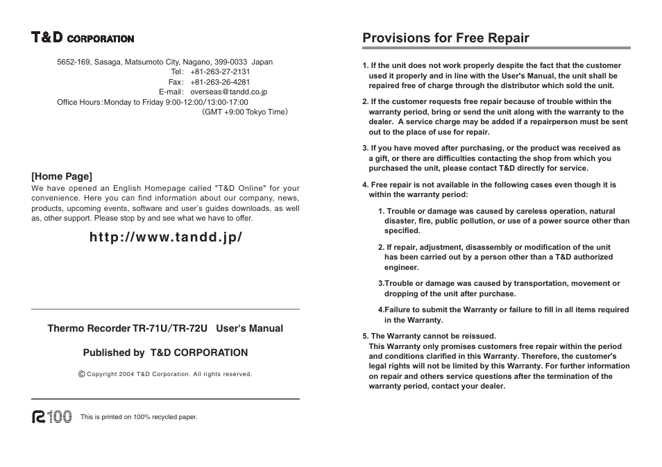Provisions for free repair | ThermoWorks TR-72-UI 2 CHANNEL LOGGERS WITH USB User Manual | Page 23 / 23
