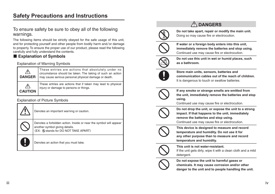Safety precautions and instructions, Dangers | ThermoWorks TR-72-UI 2 CHANNEL LOGGERS WITH USB User Manual | Page 3 / 23