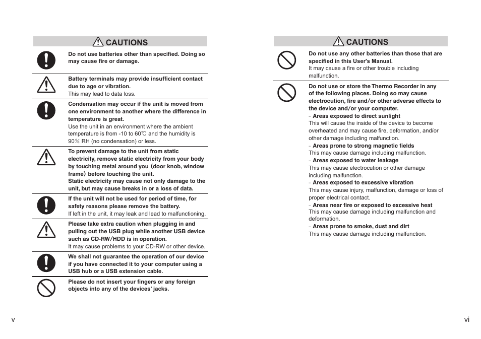 Cautions | ThermoWorks TR-72-UI 2 CHANNEL LOGGERS WITH USB User Manual | Page 4 / 23