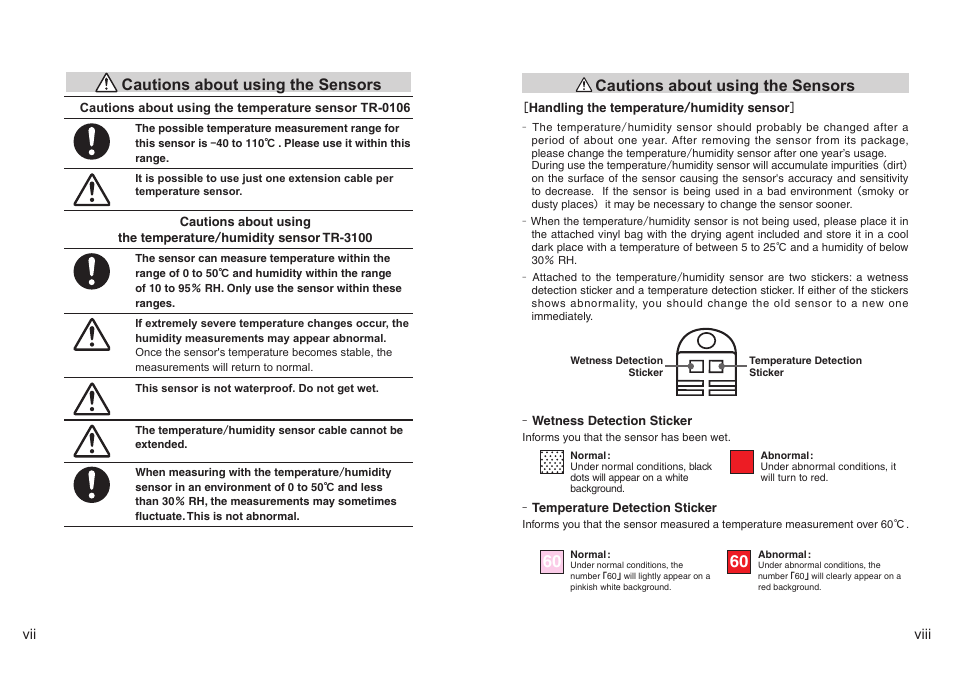 Cautions about using the sensors | ThermoWorks TR-72-UI 2 CHANNEL LOGGERS WITH USB User Manual | Page 5 / 23