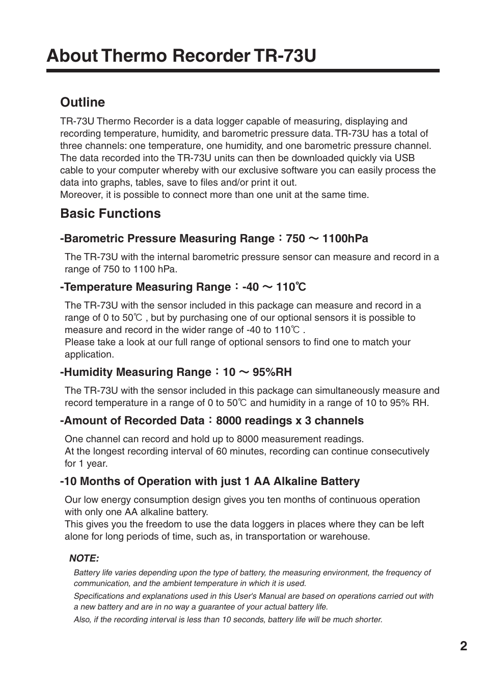 About thermo recorder tr-73u, Outline, Basic functions | ThermoWorks TR-73U 2 CHANNEL LOGGERS WITH USB User Manual | Page 11 / 36
