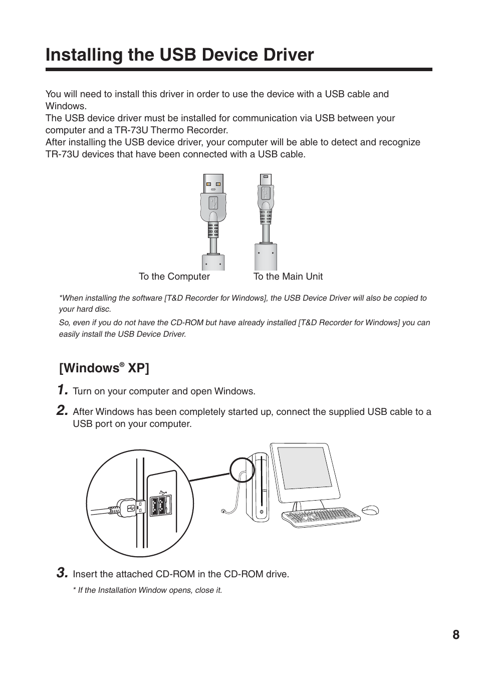 Installing the usb device driver | ThermoWorks TR-73U 2 CHANNEL LOGGERS WITH USB User Manual | Page 17 / 36