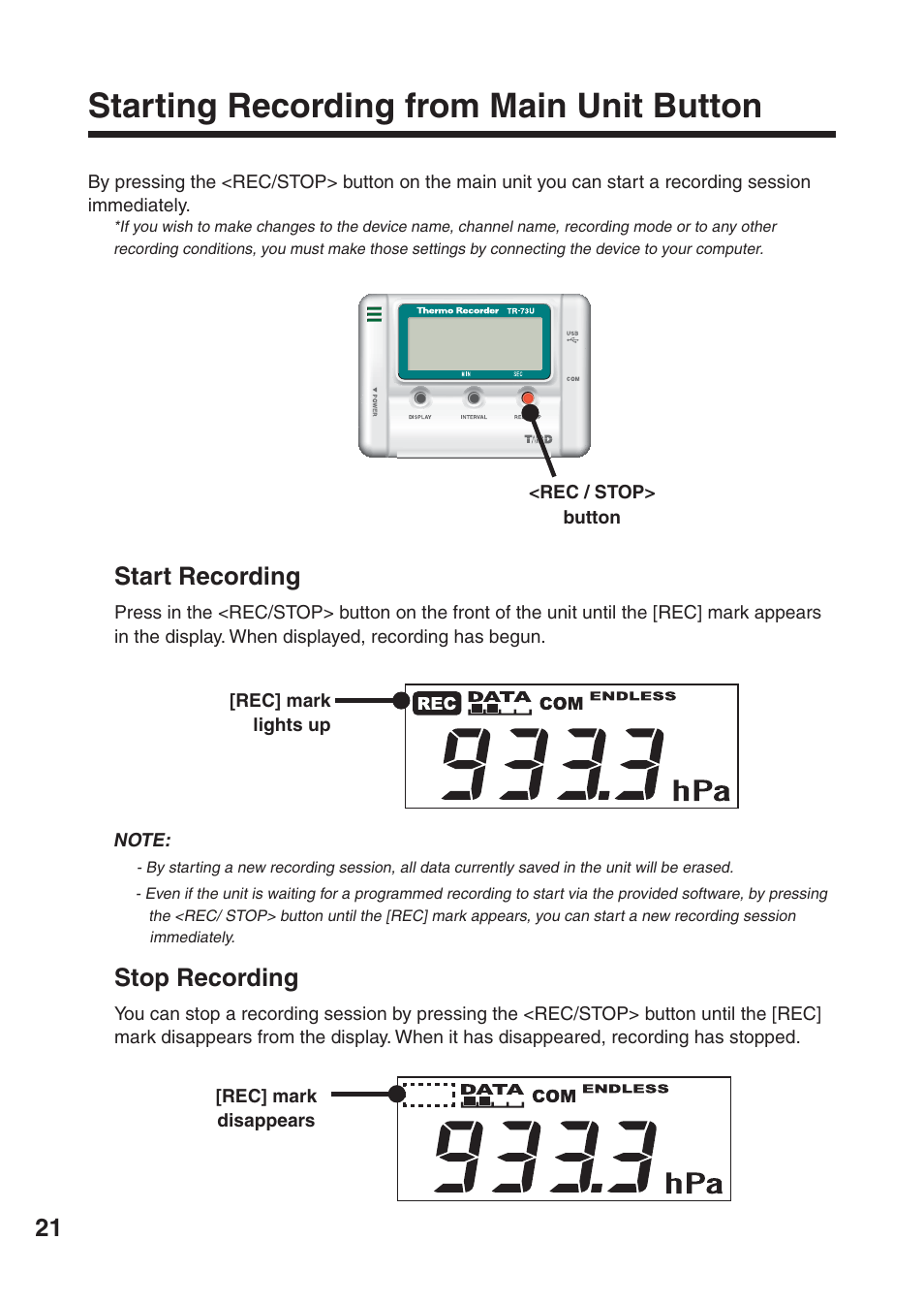 Starting recording from main unit button, Start recording, Stop recording | ThermoWorks TR-73U 2 CHANNEL LOGGERS WITH USB User Manual | Page 30 / 36