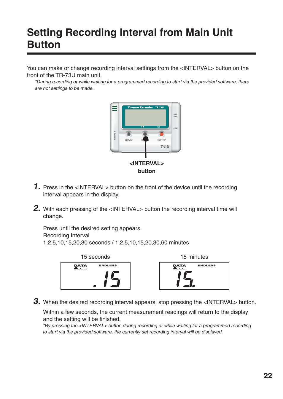 Setting recording interval from main unit button | ThermoWorks TR-73U 2 CHANNEL LOGGERS WITH USB User Manual | Page 31 / 36