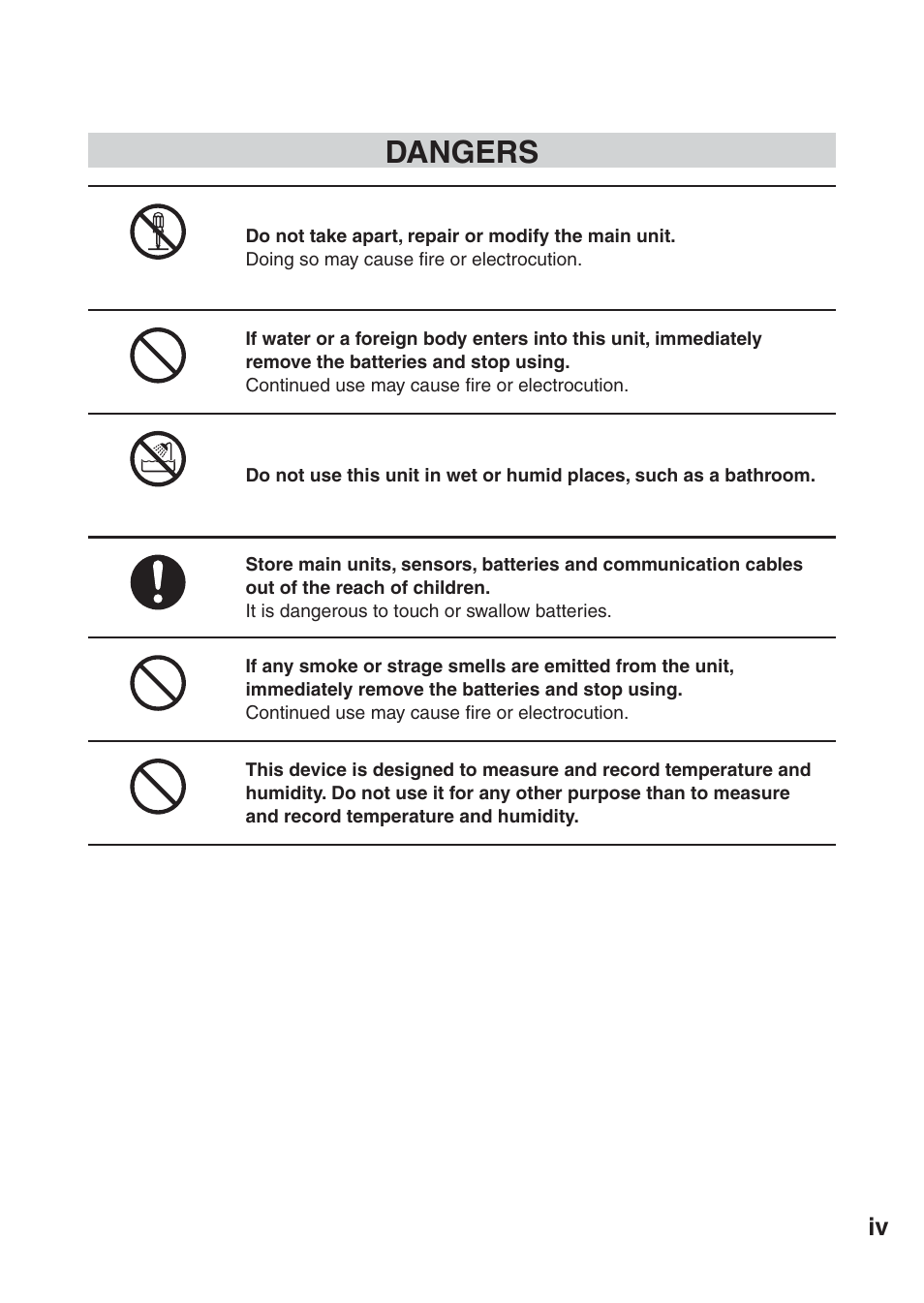 Dangers | ThermoWorks TR-73U 2 CHANNEL LOGGERS WITH USB User Manual | Page 5 / 36