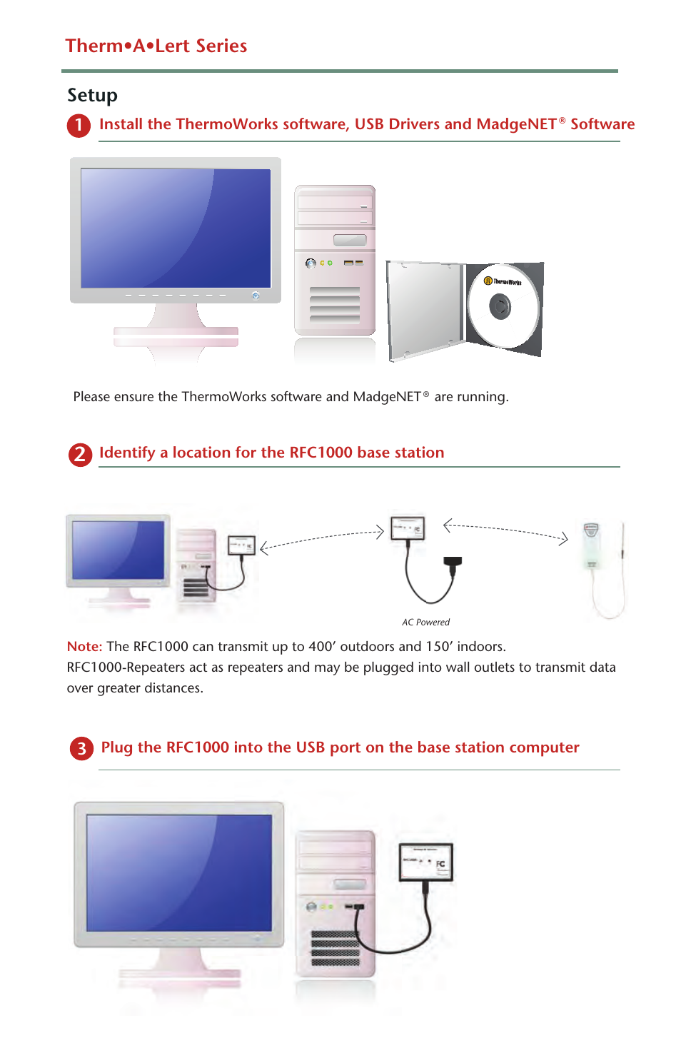 Setup, Therm•a•lert series | ThermoWorks THERM-A-LERT WIRELESS TEMPERATURE & HUMIDITY LOGGERS User Manual | Page 2 / 4