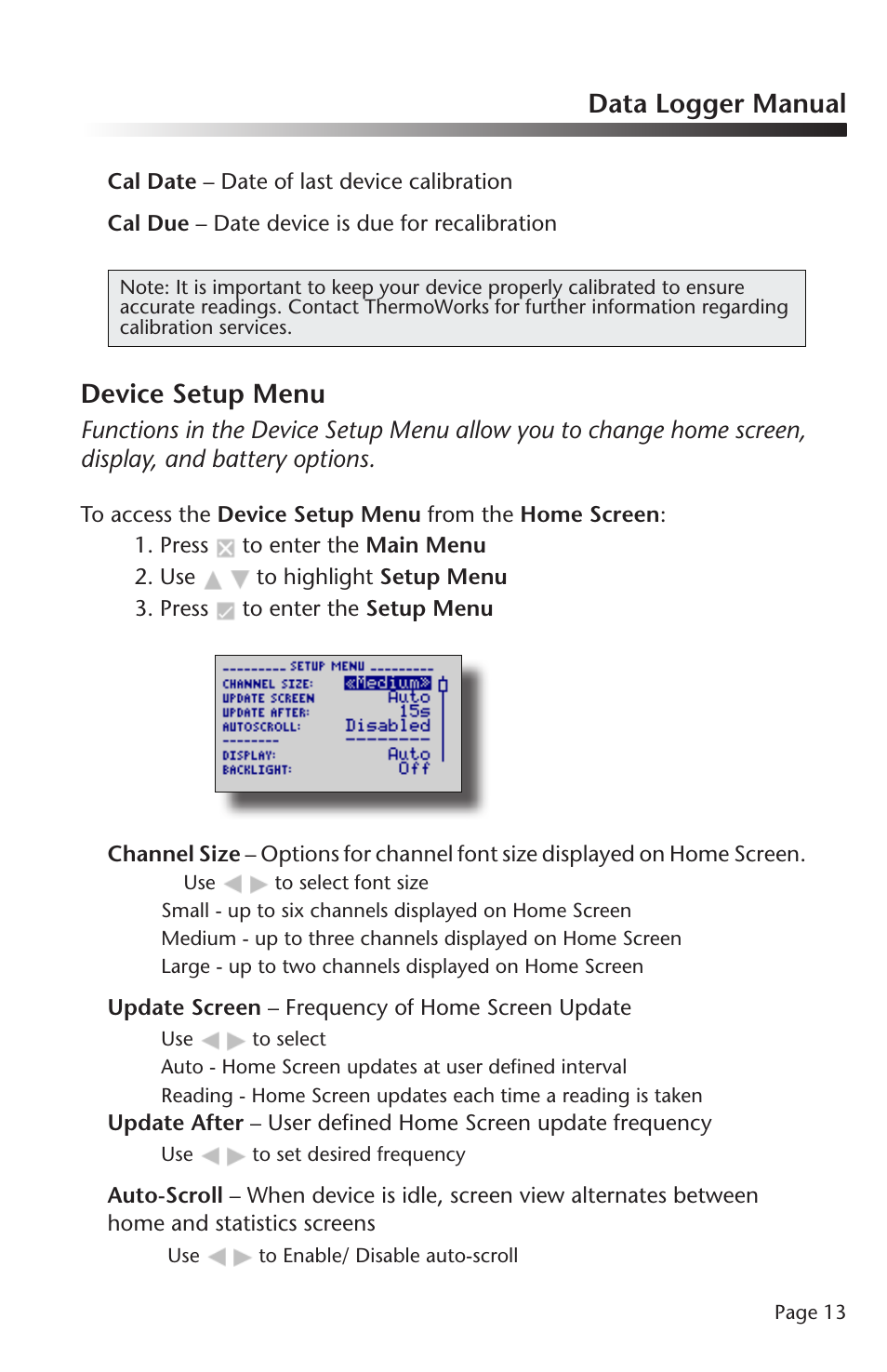 Data logger manual, Device setup menu | ThermoWorks QUADTEMP2000 TEMPERATURE DATA LOGGERS User Manual | Page 14 / 26